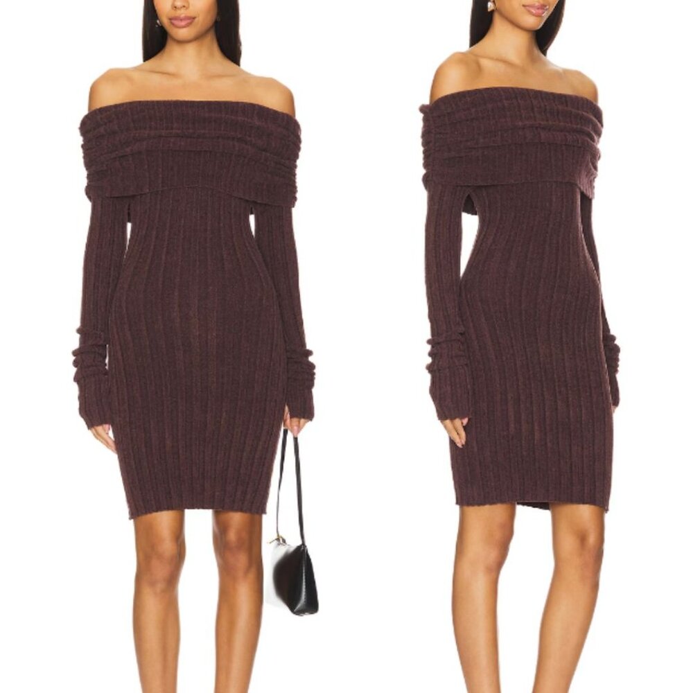 REVOLVE Off-the-Shoulder Ribbed Mini Dress in Deep Wine
